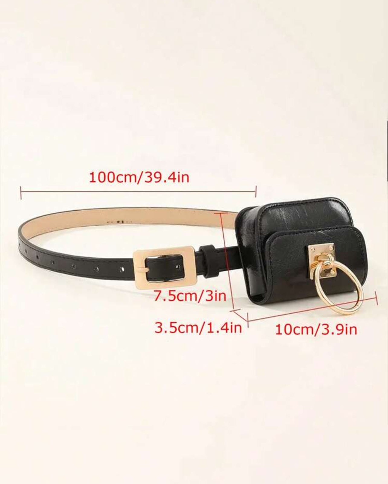 Power Chic Belt Bag – Black Leather Mini Waist Bag with Gold Ring Accent
