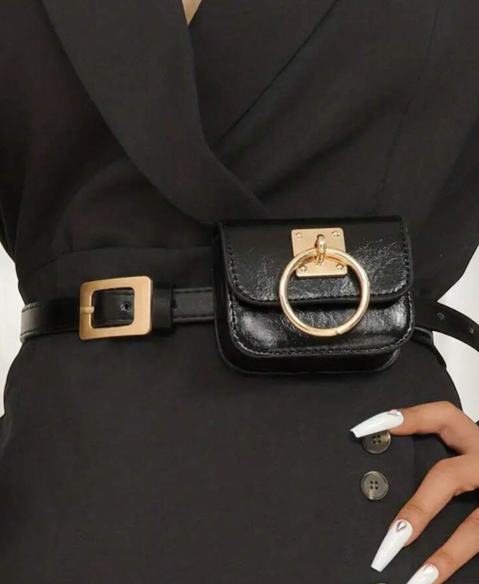 Power Chic Belt Bag – Black Leather Mini Waist Bag with Gold Ring Accent