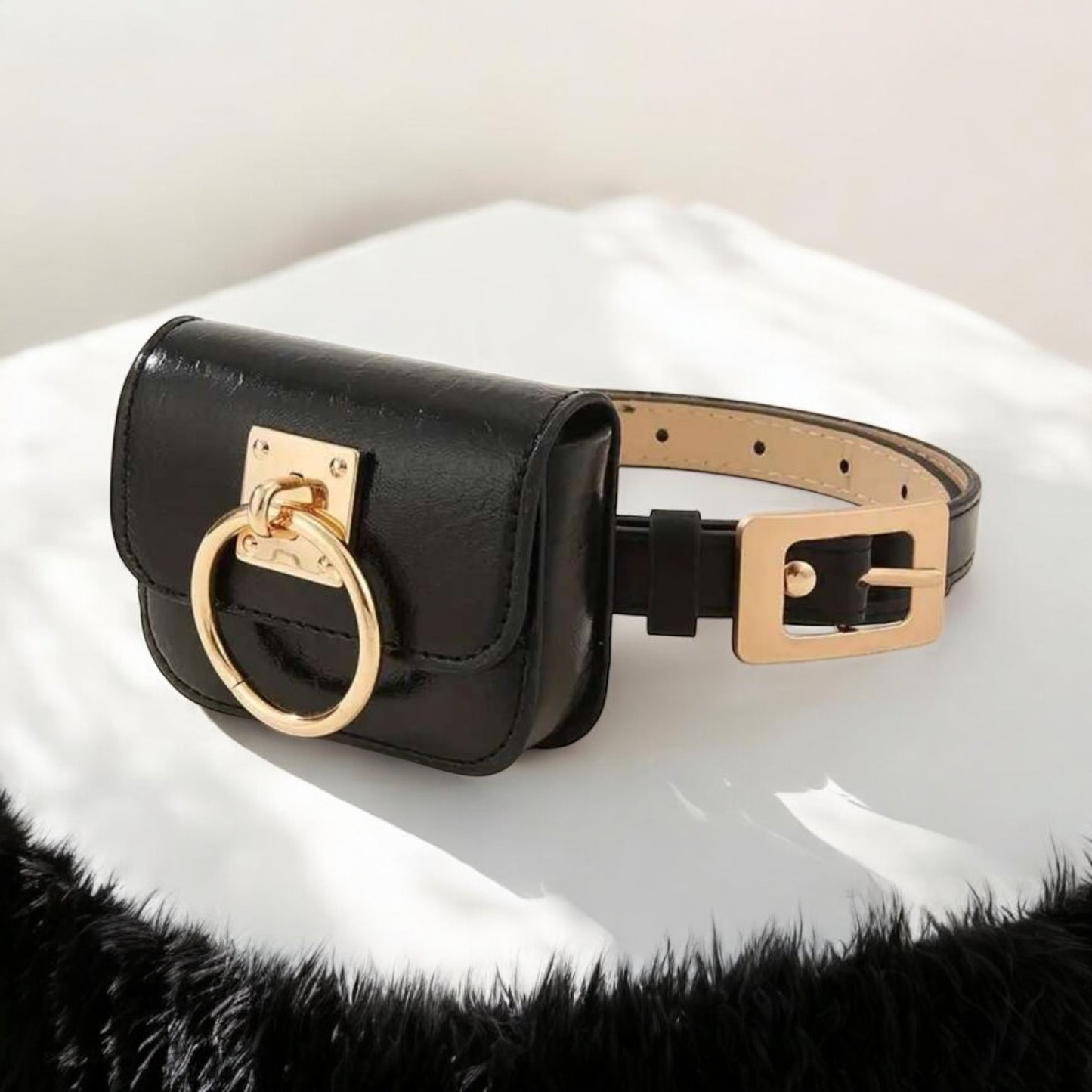 Power Chic Belt Bag – Black Leather Mini Waist Bag with Gold Ring Accent
