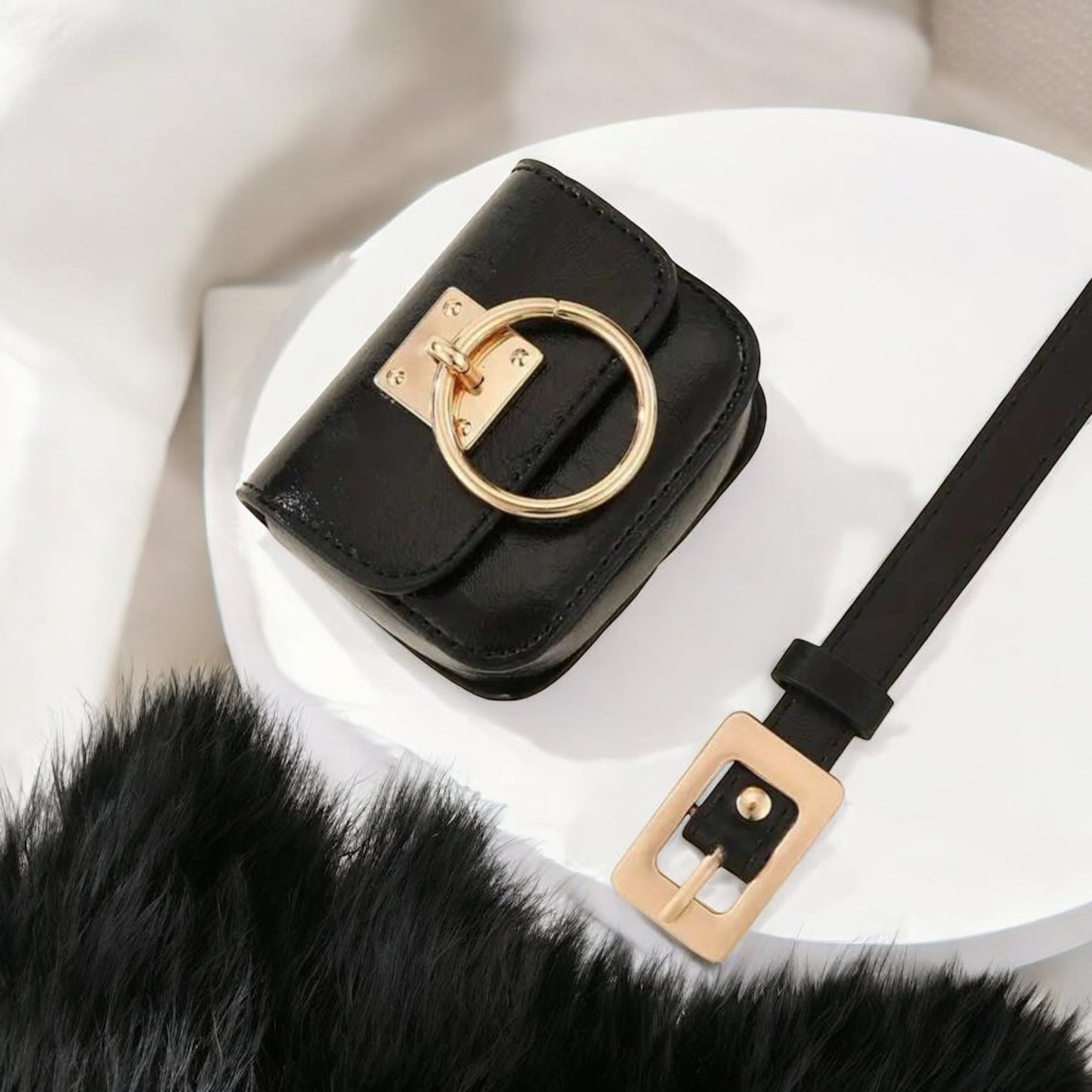 Power Chic Belt Bag – Black Leather Mini Waist Bag with Gold Ring Accent